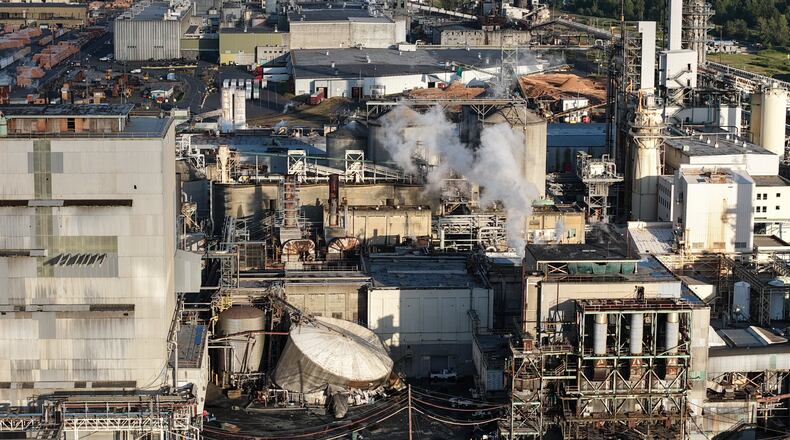 Damage is seen at Nippon Dynawave Packaging Co., after a tank containing hazardous liquid imploded, on Tuesday, May 26, 2026, in Longview, Wash. (Karen Ducey/The Seattle Times via AP)