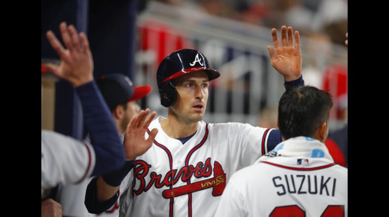 <p> Atlanta Braves Ryan Flaherty slides under Philadelphia Phillies catcher Andrew Knapp (15) to score in the third inning of a baseball game, Friday, March 30, 2018, in Atlanta. (AP Photo/Todd Kirkland) </p> <p> Atlanta Braves' Kurt Suzuki is hit by a pitch on his right wrist in the fourth inning of a baseball game against the Philadelphia Phillies, Friday, March 30, 2018, in Atlanta. (AP Photo/Todd Kirkland) </p> <p> Atlanta Braves Ryan Flaherty celebrates scoring with teammates in the dugout in the third inning of a baseball game against the Philadelphia Phillies, Friday, March 30, 2018, in Atlanta. (AP Photo/Todd Kirkland) </p> <p> Atlanta Braves Ender Inciarte hits a sacrifice fly to bring in a run in the third inning of a baseball game against the Philadelphia Phillies, Friday, March 30, 2018, in Atlanta. (AP Photo/Todd Kirkland) </p> <p> Philadelphia Phillies J.P. Crawford (2) celebrates with manager Gabe Kapler after scoring in the third inning of a baseball game against the Atlanta Braves, Friday, March 30, 2018, in Atlanta. (AP Photo/Todd Kirkland) </p> <p> Philadelphia Phillies starting pitcher Nicholas Pivetta (43) delivers in the first inning of a major baseball game against the Atlanta Braves, Friday, March 30, 2018, in Atlanta. (AP Photo/Todd Kirkland) </p> <p> Atlanta Braves starting pitcher Mike Foltynewicz (26) delivers in the first inning of a major league baseball game against the Philadelphia Phillies, Friday, March 30, 2018, in Atlanta. (AP Photo/Todd Kirkland) </p> <p> Atlanta Braves first baseman Freddie Freeman (5) breaks his bat hitting a foul ball in the first inning of a major league baseball game against the Philadelphia Phillies, Friday, March 30, 2018, in Atlanta. (AP Photo/Todd Kirkland) </p> <p> Atlanta Braves catcher Kurt Suzuki (24) falls to the ground after being hit by a pitch in the fourth inning of a baseball game against the Philadelphia Phillies, Friday, March 30, 2018, in Atlanta. (AP Photo/Todd Kirkland) </p> <p> Philadelphia Phillies Aaron Altherr (23) celebrates scoring a run with manager Gabe Kapler in the sixth inning of a baseball game against the Atlanta Braves, Friday, March 30, 2018, in Atlanta. (AP Photo/Todd Kirkland) </p>