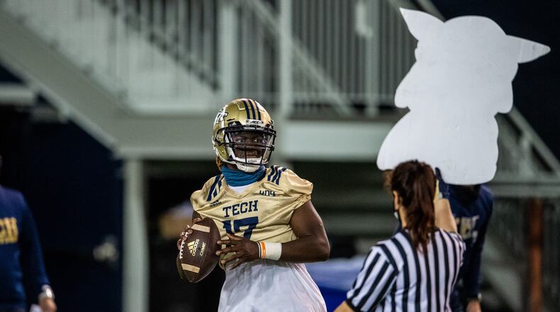 Georgia Tech quarterback Demetrius Knight throws from the pocket at spring practice on March 30, 2021. (Danny Karnik/Georgia Tech Athletics)