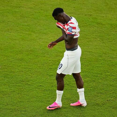 United States' Folarin Balogun (20) walks off the field after receiving a red card during the World Cup round of 32 soccer match between the United States and Bosnia in Santa Clara, Calif., near San Francisco, Wednesday, July 1, 2026. (AP Photo/Jeff Chiu)