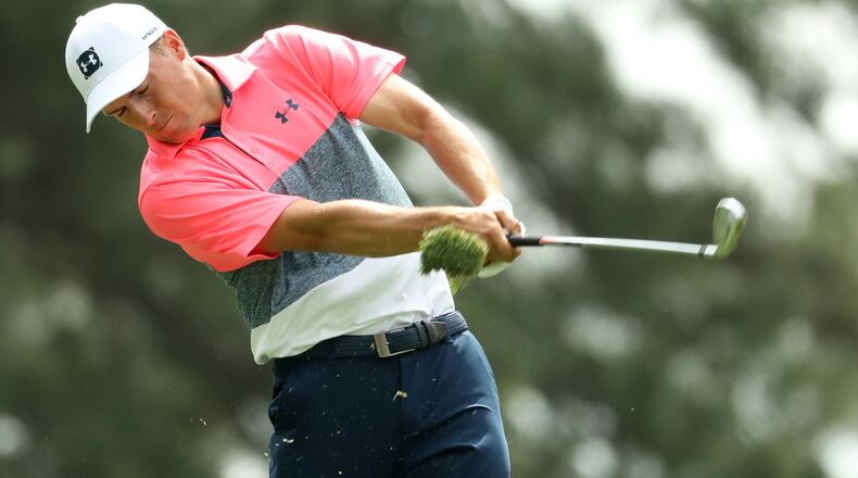 Jordan Spieth hits his tee shot on four during the second round of the Masters Tournament Friday, April 12, 2019, at Augusta National Golf Club in Augusta. Jason Getz / Special to the AJC