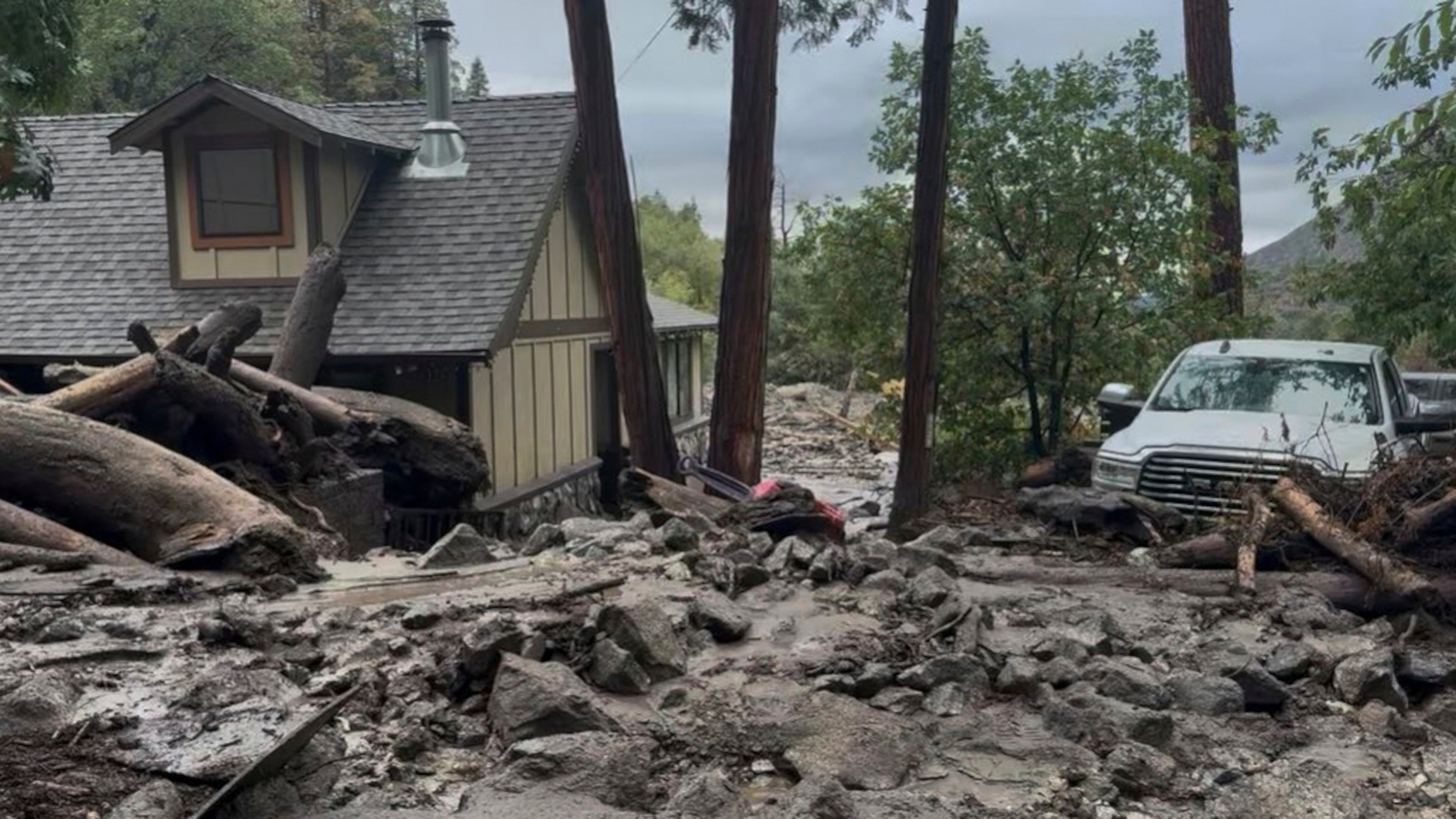 This photo provided by the San Bernardino County Fire Department shows damage caused by mudslides after storms in Forest Falls, Calif., on Thursday Sept. 18, 2025. (San Bernardino County Fire Department via AP)