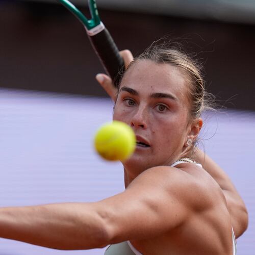 Belarus' Aryna Sabalenka returns the ball to Romania's Sorana Cirstea during their match at the Italian Open tennis tournament in Rome, Saturday, May 9, 2026. (AP Photo/Alessandra Tarantino)