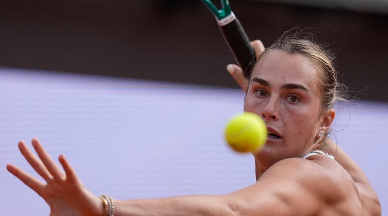 Belarus' Aryna Sabalenka returns the ball to Romania's Sorana Cirstea during their match at the Italian Open tennis tournament in Rome, Saturday, May 9, 2026. (AP Photo/Alessandra Tarantino)