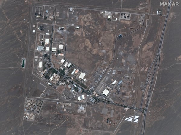 This satellite image provided by Maxar Technologies shows the Natanz nuclear enrichment facility, where multiple buildings were destroyed from recent Israeli airstrikes, 135 miles southeast of Tehran, Iran, Saturday, June 14, 2025. (Maxar Technologies via AP)