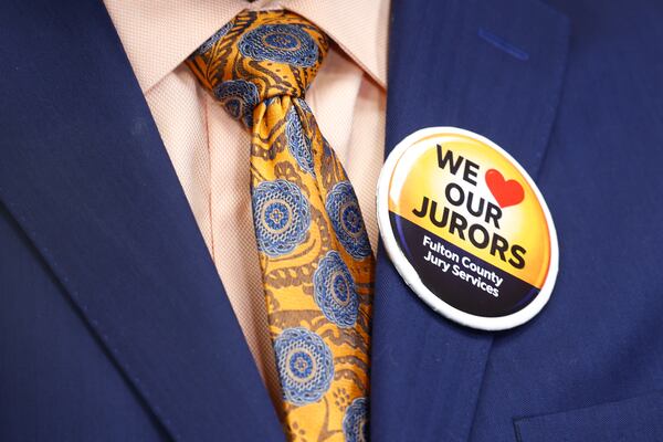 Fulton County Superior Court Chief Judge Ural Glanville wears a pin for Juror Appreciation Day at the Fulton County judicial complex in Atlanta on April 30, 2026. (Arvin Temkar/AJC)