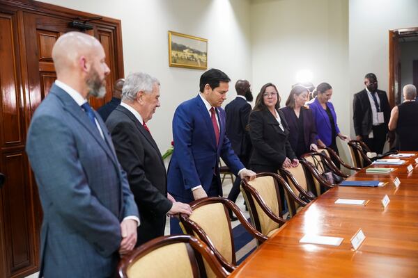 U.S. Secretary of State Marco Rubio, third from left, meets with Jamaica's Prime Minister Andrew Holness and delegations at the office of the prime minister in Kingston, Jamaica, Wednesday, March 26, 2025. (Nathan Howard/Pool Photo via AP)