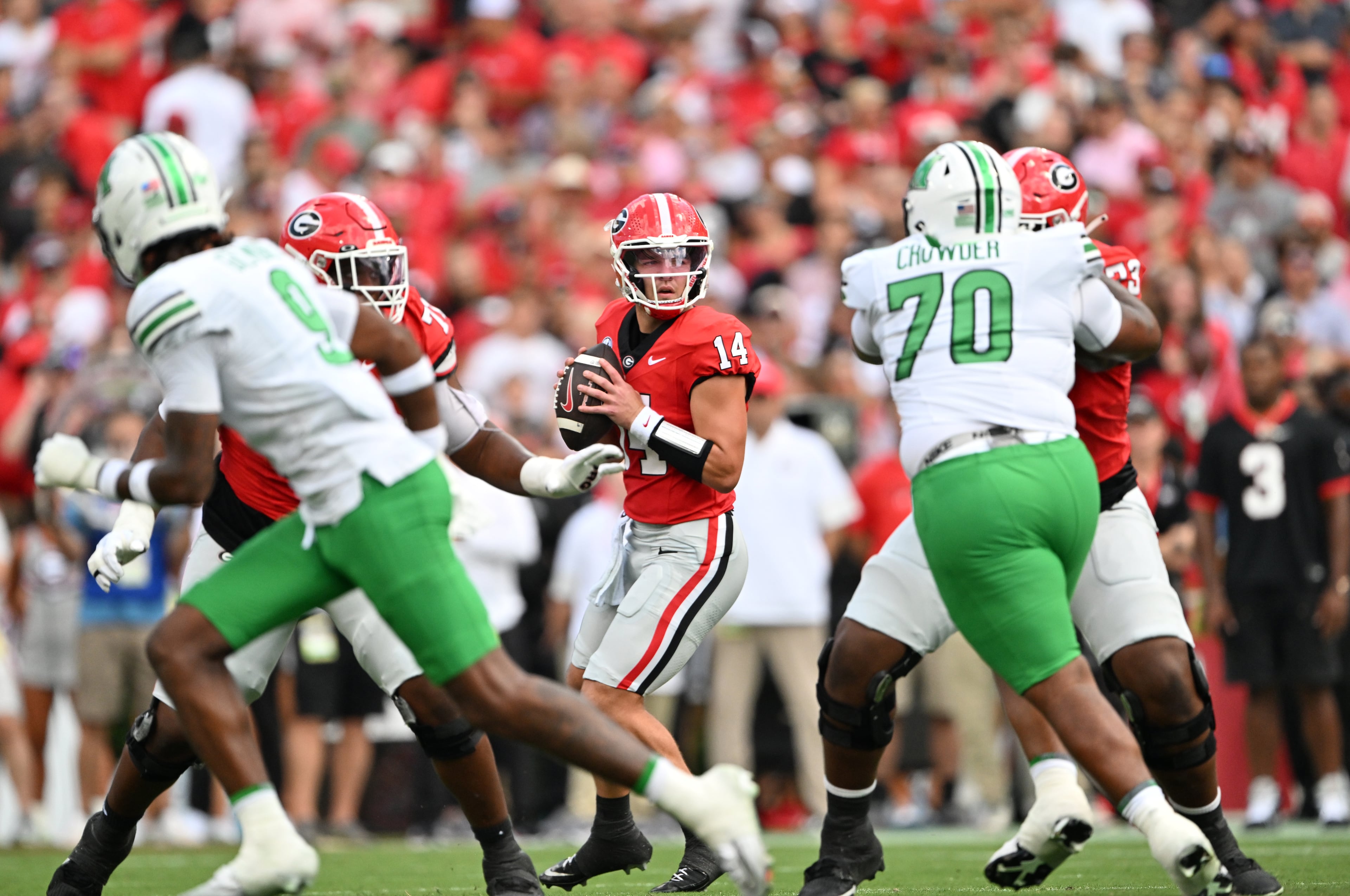Georgia quarterback Gunner Stockton (14) prepares to get off a pass during the first half in an NCAA football game at Sanford Stadium, Saturday, August 30, 2025, in Athens. (Hyosub Shin / AJC)