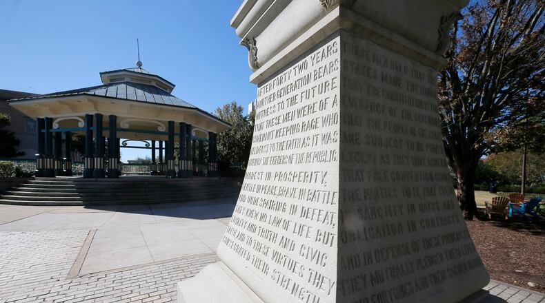 Decatur, GA - Behind the old courthouse in Decatur Square sits this Confederate monument. Many residents want it removed. BOB ANDRES /BANDRES@AJC.COM
