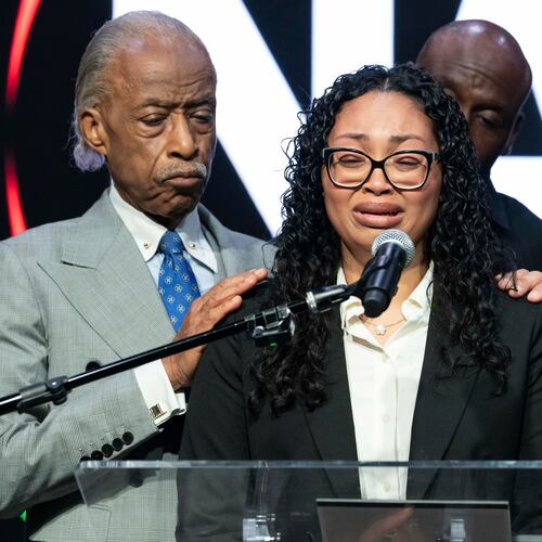 Christine Wonsley, mother of Nolan Xavier Wells, reacts as she speaks during a news conference at National Action Network headquarters, Friday, July 10, 2026, in New York. (AP Photo/Yuki Iwamura)