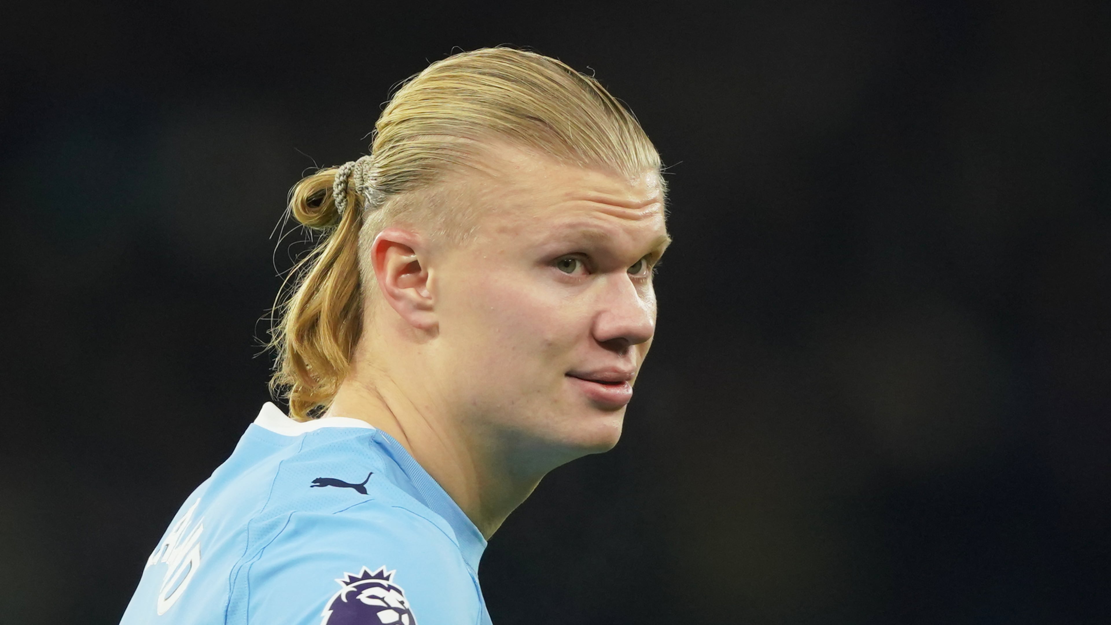 Manchester City's Erling Haaland during the English Premier League soccer match between Manchester City and Leeds United in Manchester, England, Saturday, Nov. 29, 2025. (AP Photo/Ian Hodgson)