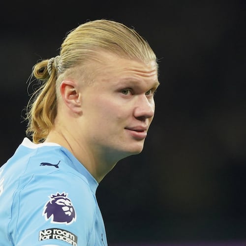 Manchester City's Erling Haaland during the English Premier League soccer match between Manchester City and Leeds United in Manchester, England, Saturday, Nov. 29, 2025. (AP Photo/Ian Hodgson)