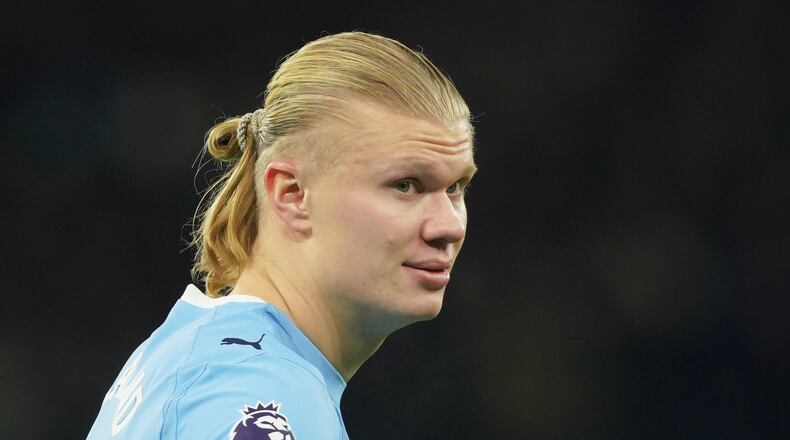 Manchester City's Erling Haaland during the English Premier League soccer match between Manchester City and Leeds United in Manchester, England, Saturday, Nov. 29, 2025. (AP Photo/Ian Hodgson)