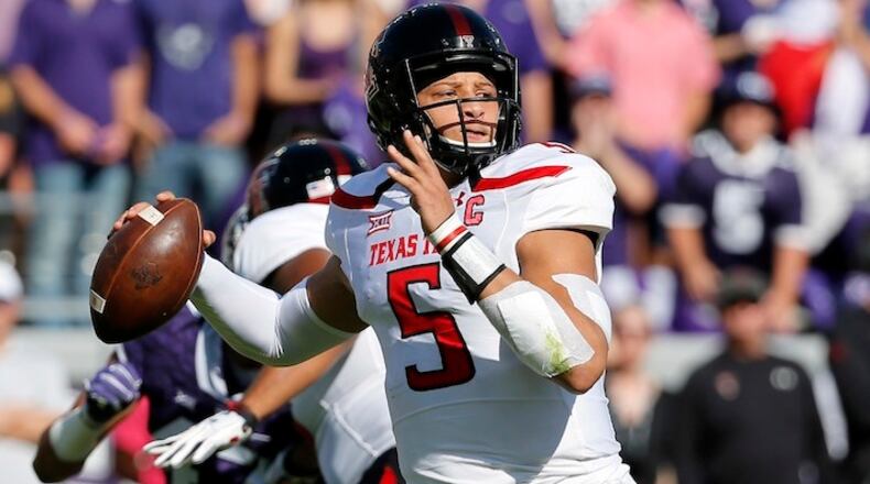 Texas Tech quarterback Patrick Mahomes II (5) drops back to pass against TCU during an NCAA college football game, Saturday, Oct. 29, 2016, in Fort Worth, Texas. (AP Photo/Tony Gutierrez)