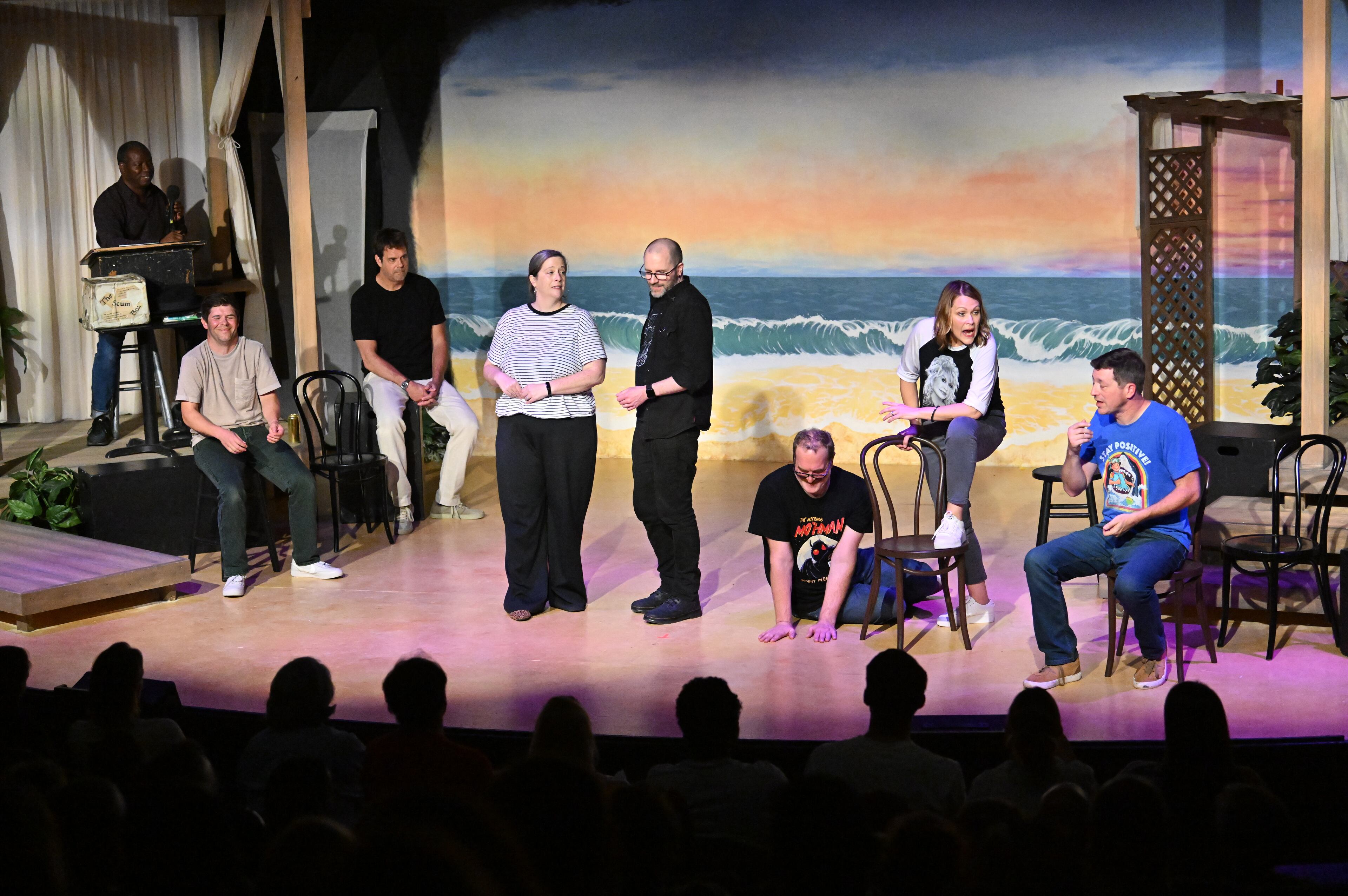 Dad's Garage ensemble members participate in TheatreSports' 30th anniversary show on Friday, July 25, 2025, in Atlanta. The comedy improv theatre brought back performers from multiple eras to compete. (Hyosub Shin/AJC)