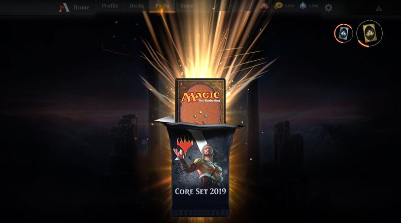 Magic: The Gathering Arena” lets players purchase booster packs using one of its two currencies. One is gold, which is earned in-game, and the other is gems, which is bought using real money. (Wizards of the Coast)