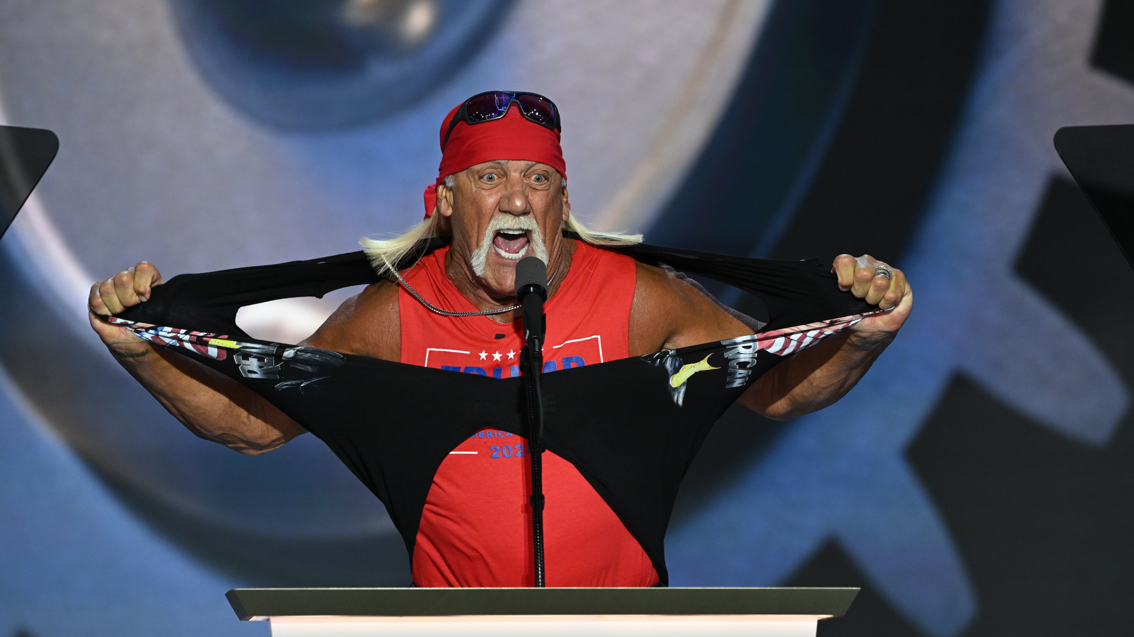 Hulk Hogan tore his shirt off as he spoke on the fourth and final night of the Republican National Convention at the Fiserv Forum in Milwaukee, on July 18, 2024. (Kenny Holston/The New York Times)