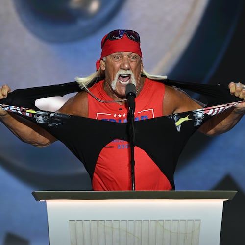 Hulk Hogan tore his shirt off as he spoke on the fourth and final night of the Republican National Convention at the Fiserv Forum in Milwaukee, on July 18, 2024. (Kenny Holston/The New York Times)