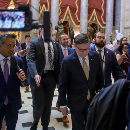 Speaker of the House Mike Johnson, R-La., talks with reporters as he walks to his office following a vote at the Capitol, Tuesday, June 30, 2026, in Washington. (AP Photo/Rod Lamkey, Jr.)