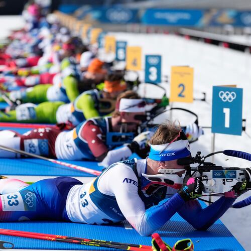 Tomas Mikyska, of Czechia, front, competes during the men's 12.5-kilometer pursuit biathlon race at the 2026 Winter Olympics in Anterselva, Italy, Sunday, Feb. 15, 2026. (AP Photo/Mosa'ab Elshamy)