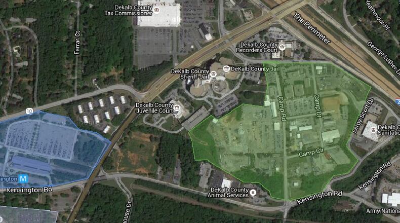 Atlanta United will build a 3,500-seat stadium, several practice fields and a two-story headquarters on DeKalb County land near the Kensington MARTA station. The soccer complex area is highlighted in green, and the blue area shows the location of the Kensington MARTA station. (Source: Google Maps and DeKalb County)