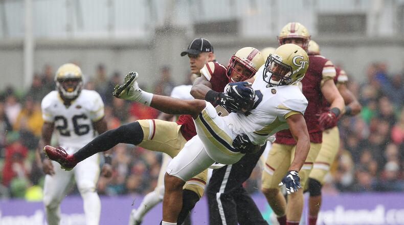 Ricky Jeune of Georgia Tech is tackled by John Johnson of Boston College during the Aer Lingus College Football Classic Ireland 2016 at Aviva Stadium on September 3, 2016 in Dublin, Ireland. (Photo by Patrick Bolger/Getty Images)