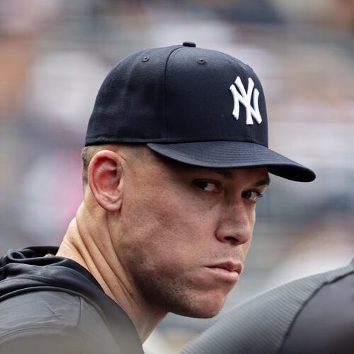 New York Yankees' Aaron Judge looks on in the ninth inning during the first baseball game of a doubleheader against the Pittsburgh Pirates, Wednesday, July 22, 2026, in New York. (AP Photo/Adam Hunger)