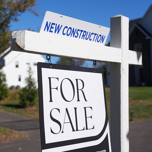 FILE - A sign is posted for a new home for sale in Ambler, Pa., Oct. 16, 2025. (AP Photo/Matt Rourke, File)