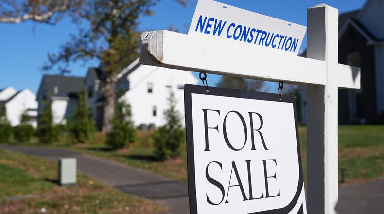 FILE - A sign is posted for a new home for sale in Ambler, Pa., Oct. 16, 2025. (AP Photo/Matt Rourke, File)