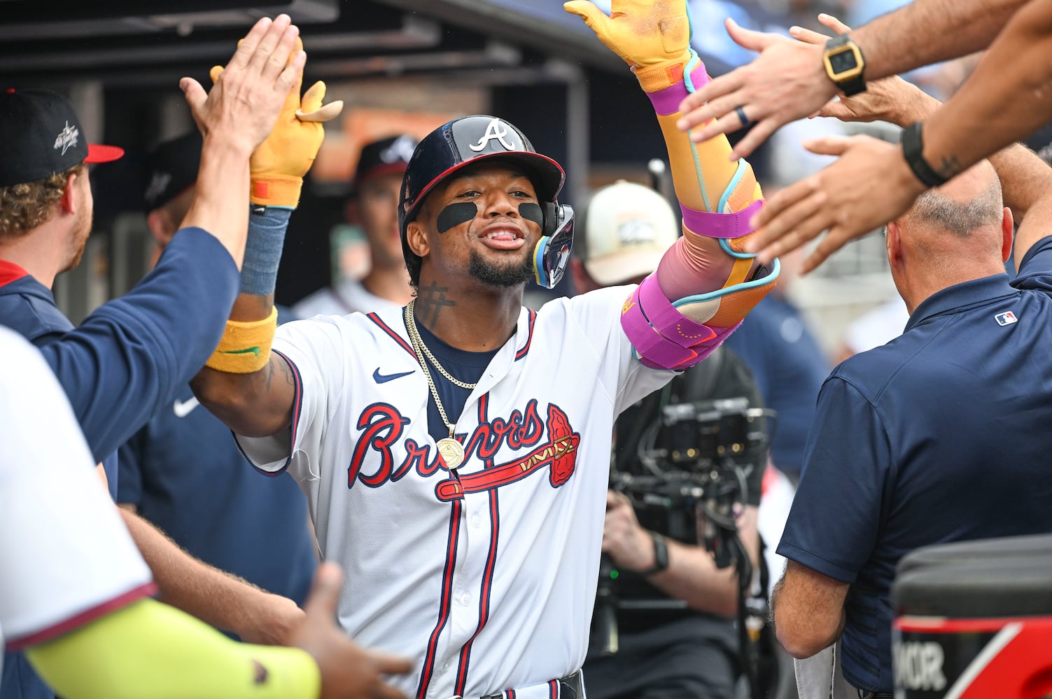 Atlanta Braves outfielder Ronald Acuña Jr. (13) celebrates his home run against the Mets in the first inning of an MLB game Wednesday, June 18, 2025 at Truist Park. (Daniel Varnado/For the Atlanta Journal-Constitution)