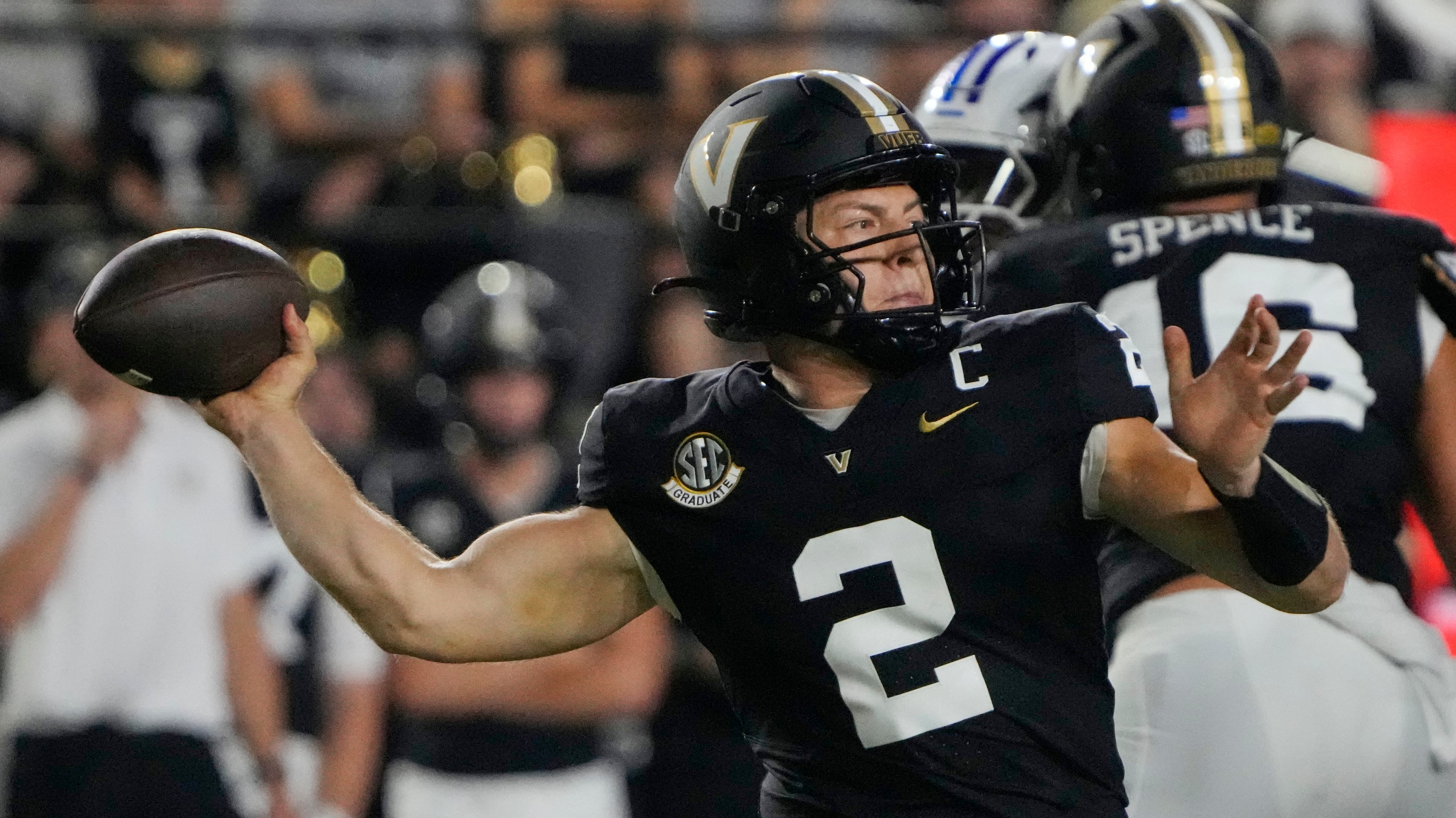 Vanderbilt quarterback Diego Pavia (2) looked to throw a pass during the first half of an NCAA college football game against Georgia State, Saturday, Sept. 20, 2025, in Nashville, Tenn. (AP Photo/George Walker IV)