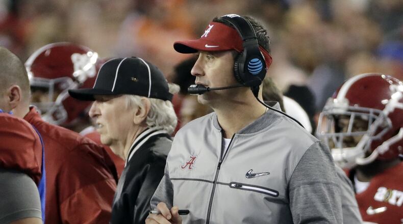 New Falcons offensive coordinator Steve Sarkisian during his one game as Alabama’s offensive coordinator (AP Photo/David J. Phillip, File)