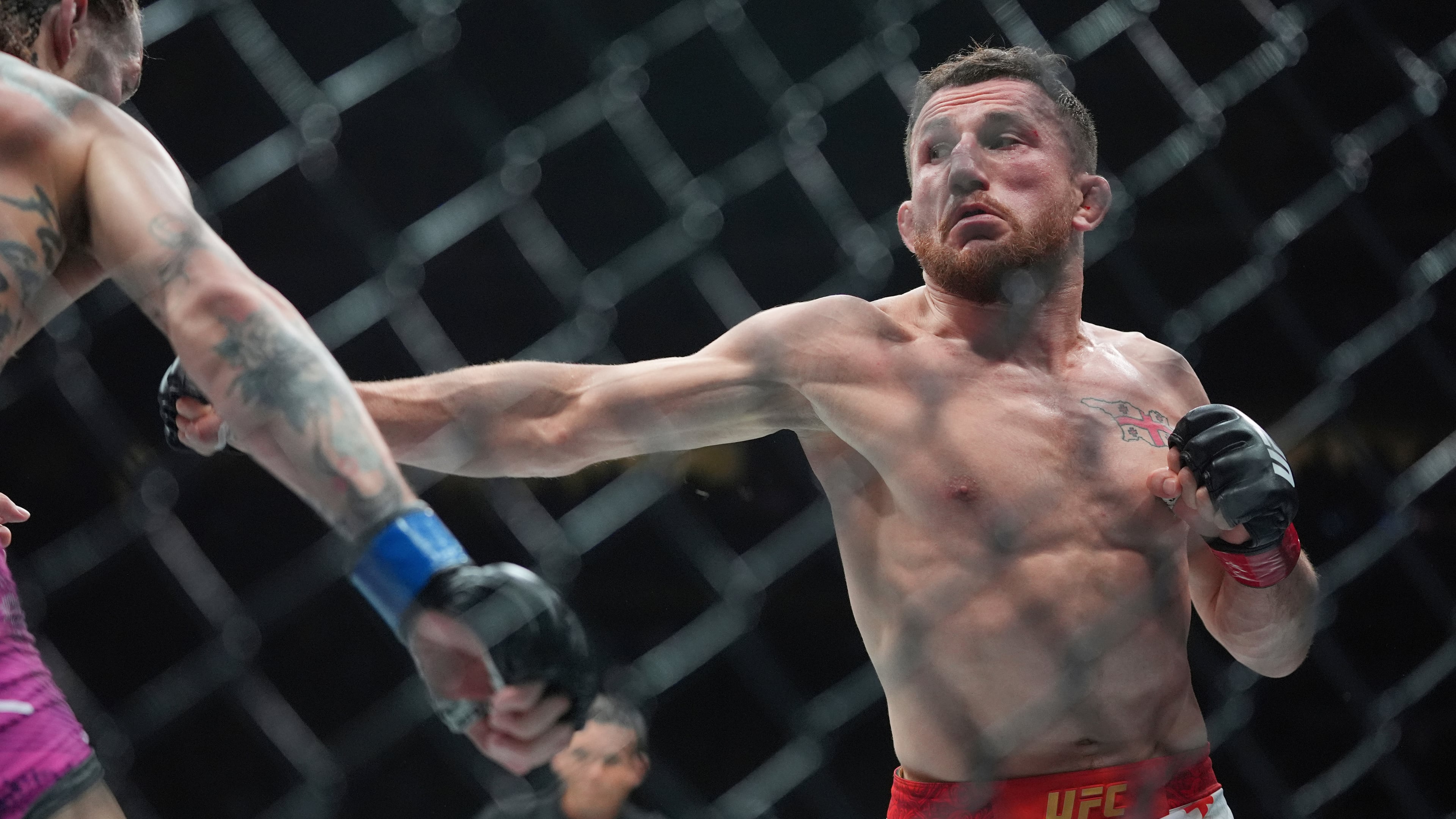 FILE - Georgia's Merab Dvalishvili during the second round of a bantamweight title bout against Sean O'Malley at the UFC 316 mixed martial arts event Sunday, June 8, 2025 in Newark, N.J. (AP Photo/Frank Franklin II, File)