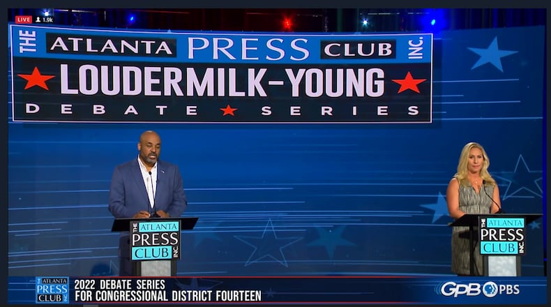 Democrat Marcus Flowers is challenging Republican U.S. Rep. Marjorie Taylor Greene in the 2022 general election for Georgia's 14th Congressional District.  The two participated in the Atlanta Press Club's Loudermilk-Young debate series on Oct. 16, 2022. Screenshot via Atlanta Press Club Facebook page.