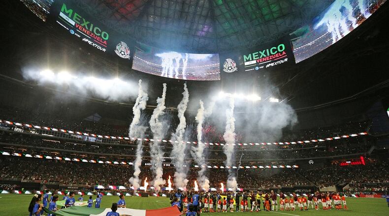 Fireworks fill Mercedes-Benz stadium as Mexico and Venezuela prepare to play in a soccer match Wednesday, June 5, 2019.  Curtis Compton/ccompton@ajc.com