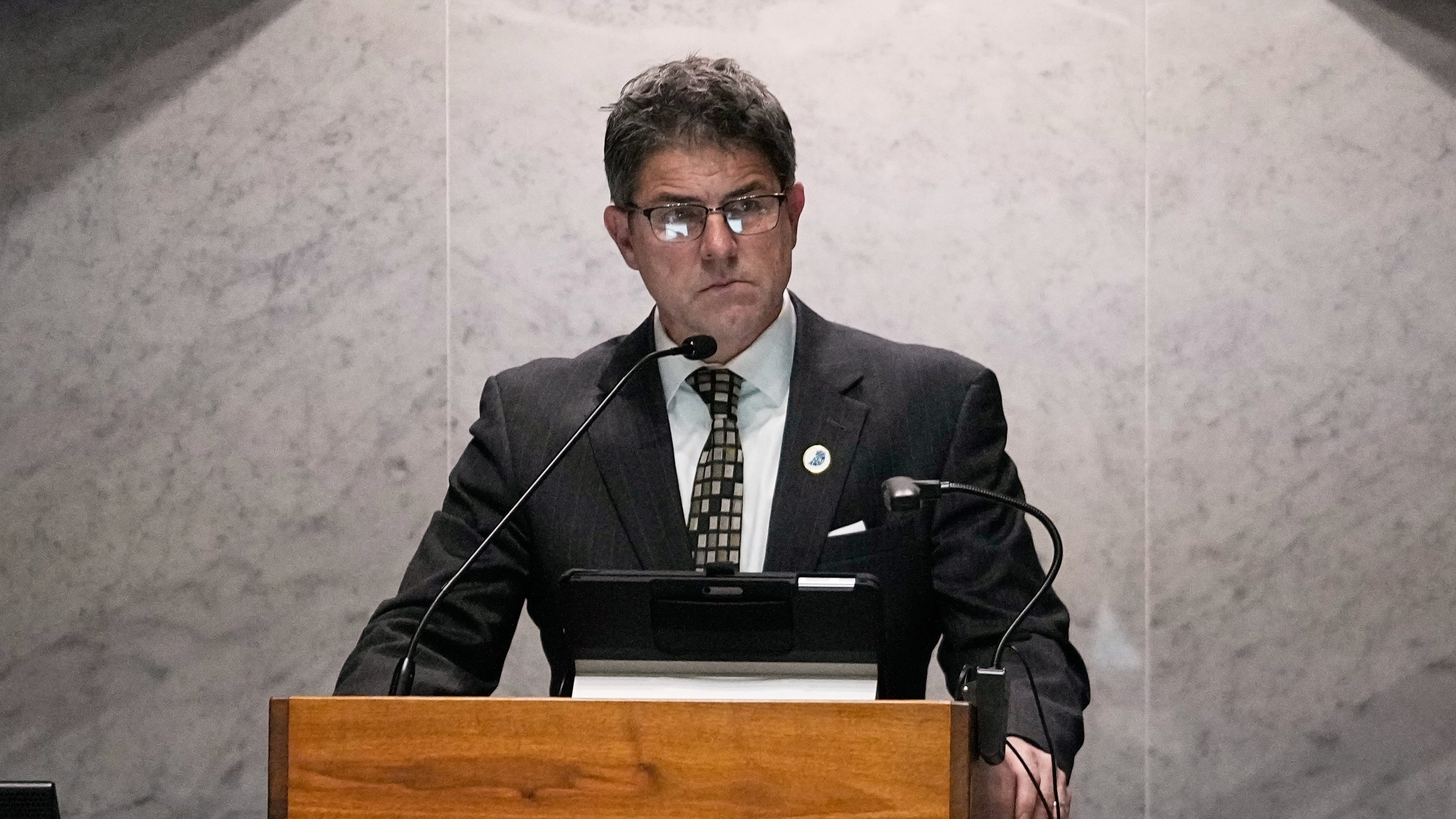 FILE - Senate President Pro Tem Rodric Bray, R-Martinsville, speaks in the senate chamber at the Statehouse in Indianapolis, Feb. 1, 2024. (AP Photo/Darron Cummings, File)