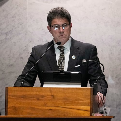 FILE - Senate President Pro Tem Rodric Bray, R-Martinsville, speaks in the senate chamber at the Statehouse in Indianapolis, Feb. 1, 2024. (AP Photo/Darron Cummings, File)