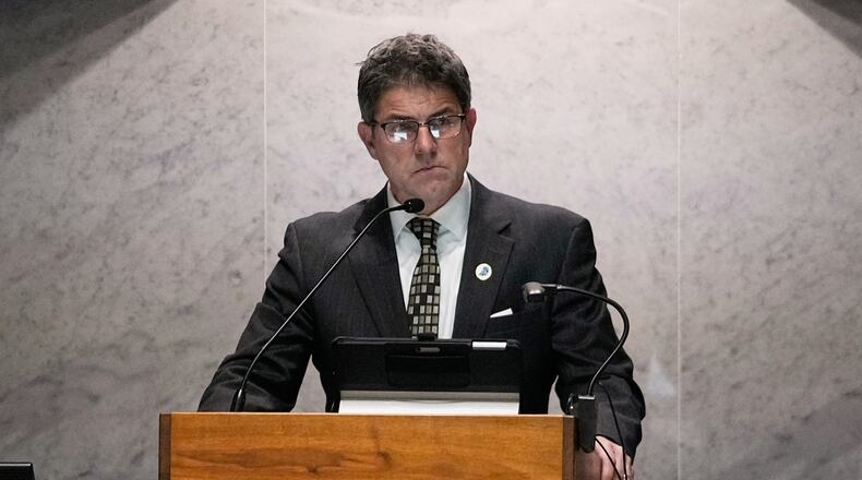 FILE - Senate President Pro Tem Rodric Bray, R-Martinsville, speaks in the senate chamber at the Statehouse in Indianapolis, Feb. 1, 2024. (AP Photo/Darron Cummings, File)