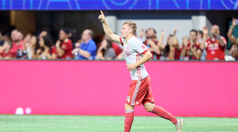 Atlanta United  midfielder Julian Gressel celebrates the first goal Wednesday night.