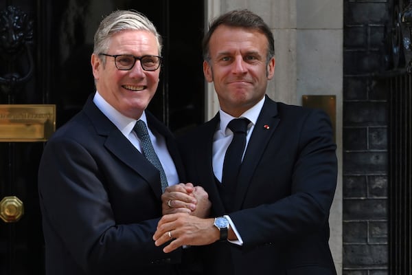 French President Emmanuel Macron meets Britain's Prime Minister Keir Starmer at 10 Downing Street in London, Thursday, July 10, 2025 for a UK-France summit.(AP Photo/Thomas Krych)