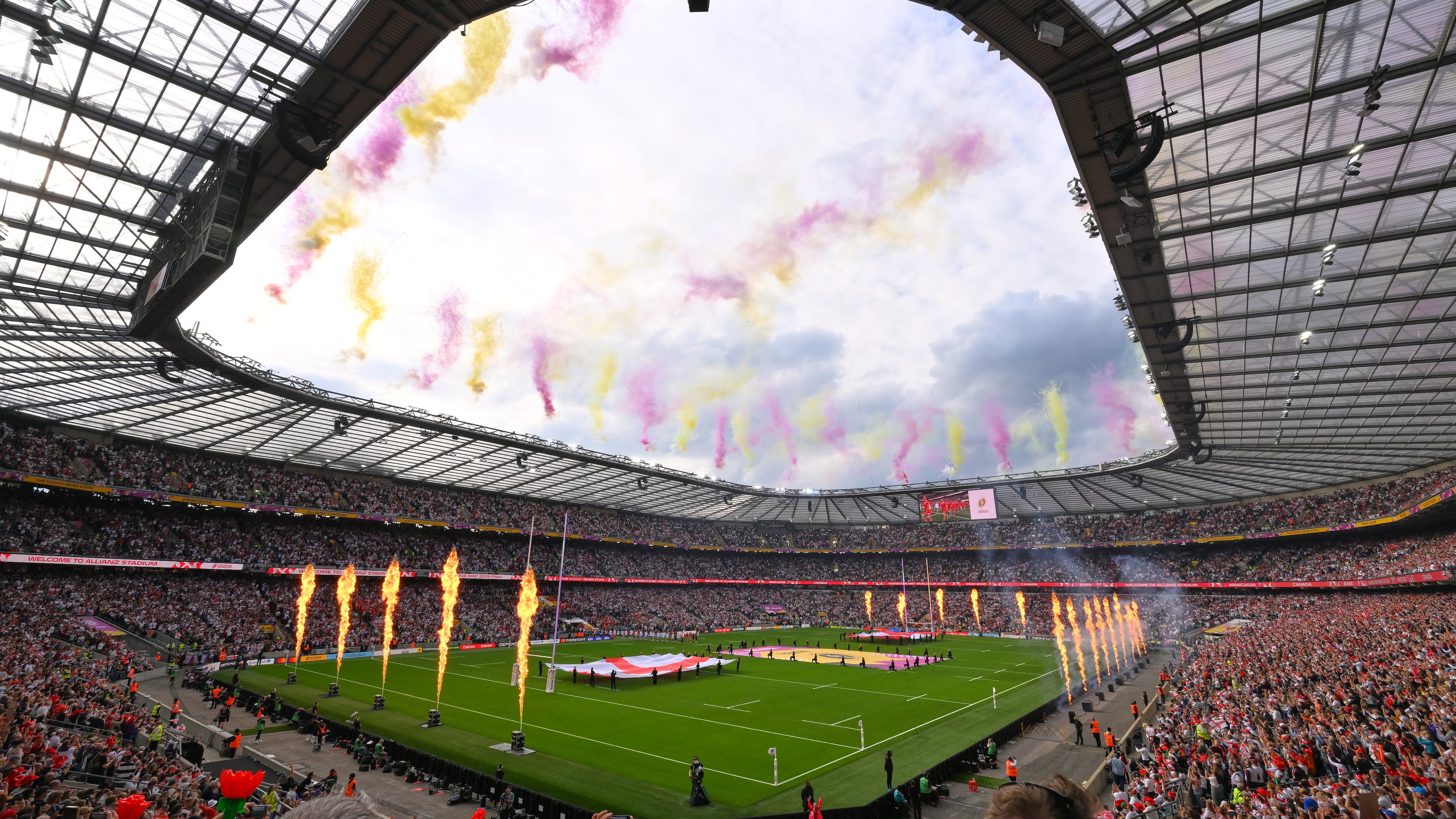 General view before the start of the Women's Rugby World Cup final match between England and Canada at the Allianz Stadium, Twickenham in London, Saturday, Sept. 27, 2025.(AP Photo/Anthony Upton)