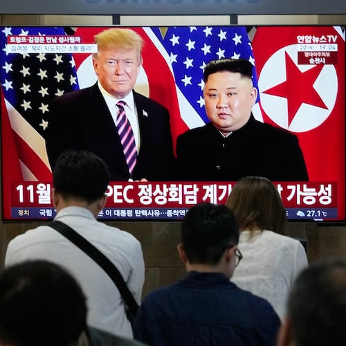 A TV screen shows a file image of North Korean leader Kim Jong Un and U.S. President Donald Trump during a news program at Seoul Railway Station in Seoul, South Korea, Thursday, Aug. 20, 2026. (AP Photo/Ahn Young-joon)