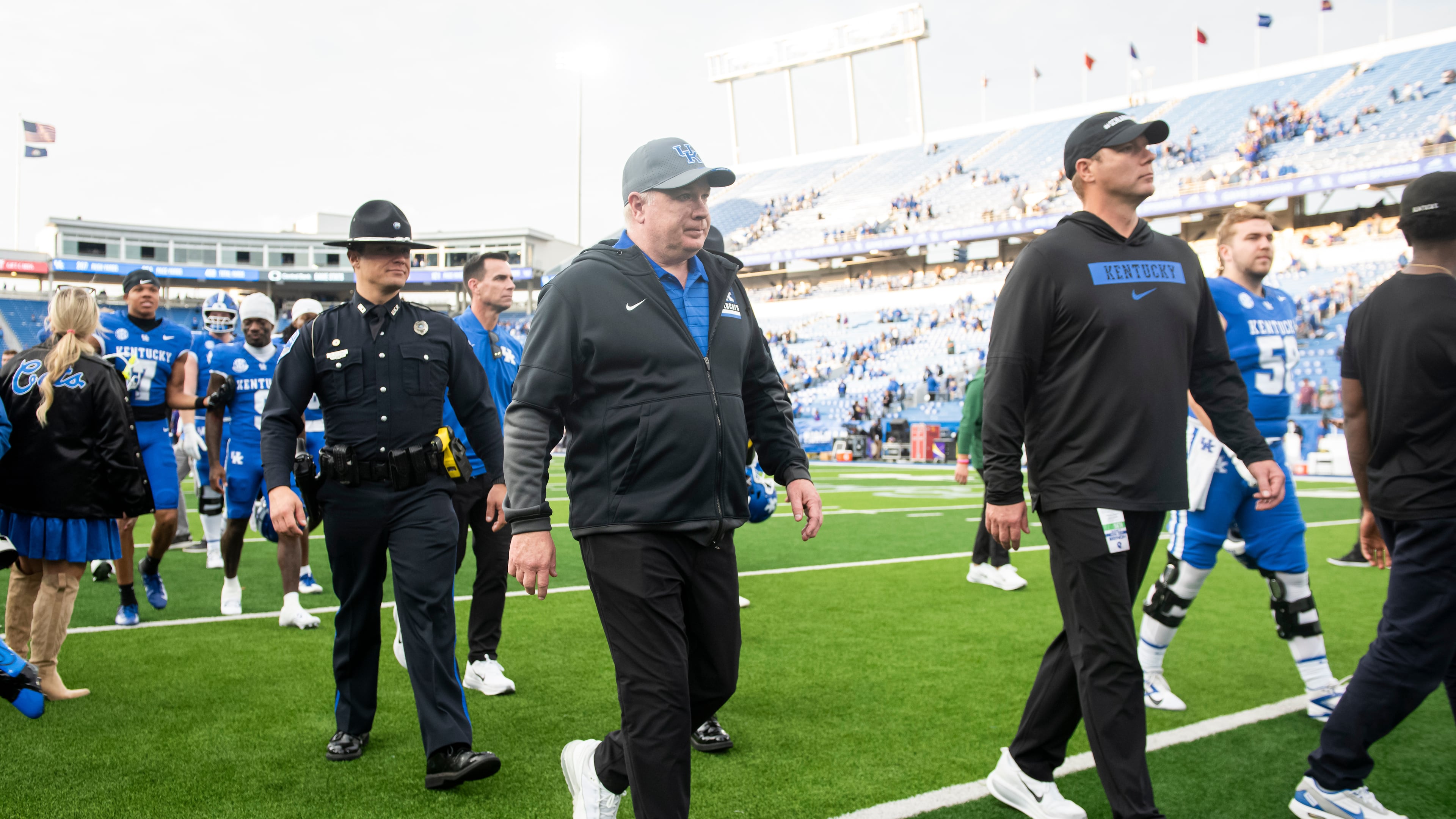 Kentucky head coach Mark Stoops walks off the field after defeating Tennessee Tech during an NCCA college football game in Lexington, Ky., Saturday, Nov. 15, 2025. (AP Photo/Tanner Pearson)