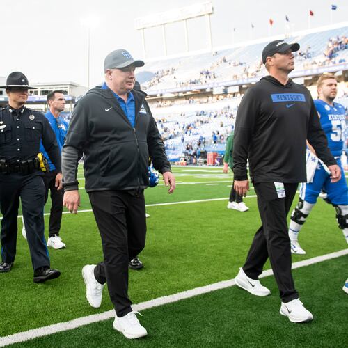 Kentucky head coach Mark Stoops walks off the field after defeating Tennessee Tech during an NCCA college football game in Lexington, Ky., Saturday, Nov. 15, 2025. (AP Photo/Tanner Pearson)