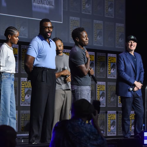 Letitia Wright, from left, Winston Duke, Ryan Coogler, David Jonsson, and Kevin Feige attend a panel for Marvel Studios during Comic-Con International on Saturday, July 25, 2026, in San Diego. (Photo by Richard Shotwell/Invision/AP)