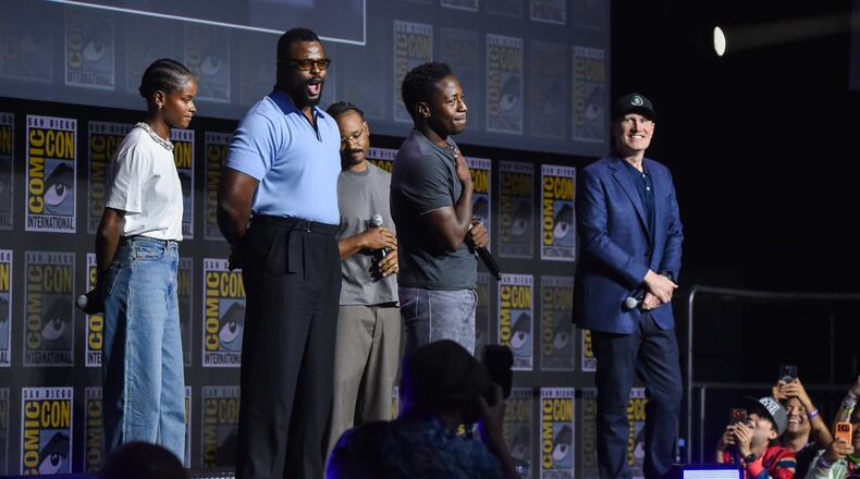 Letitia Wright, from left, Winston Duke, Ryan Coogler, David Jonsson, and Kevin Feige attend a panel for Marvel Studios during Comic-Con International on Saturday, July 25, 2026, in San Diego. (Photo by Richard Shotwell/Invision/AP)