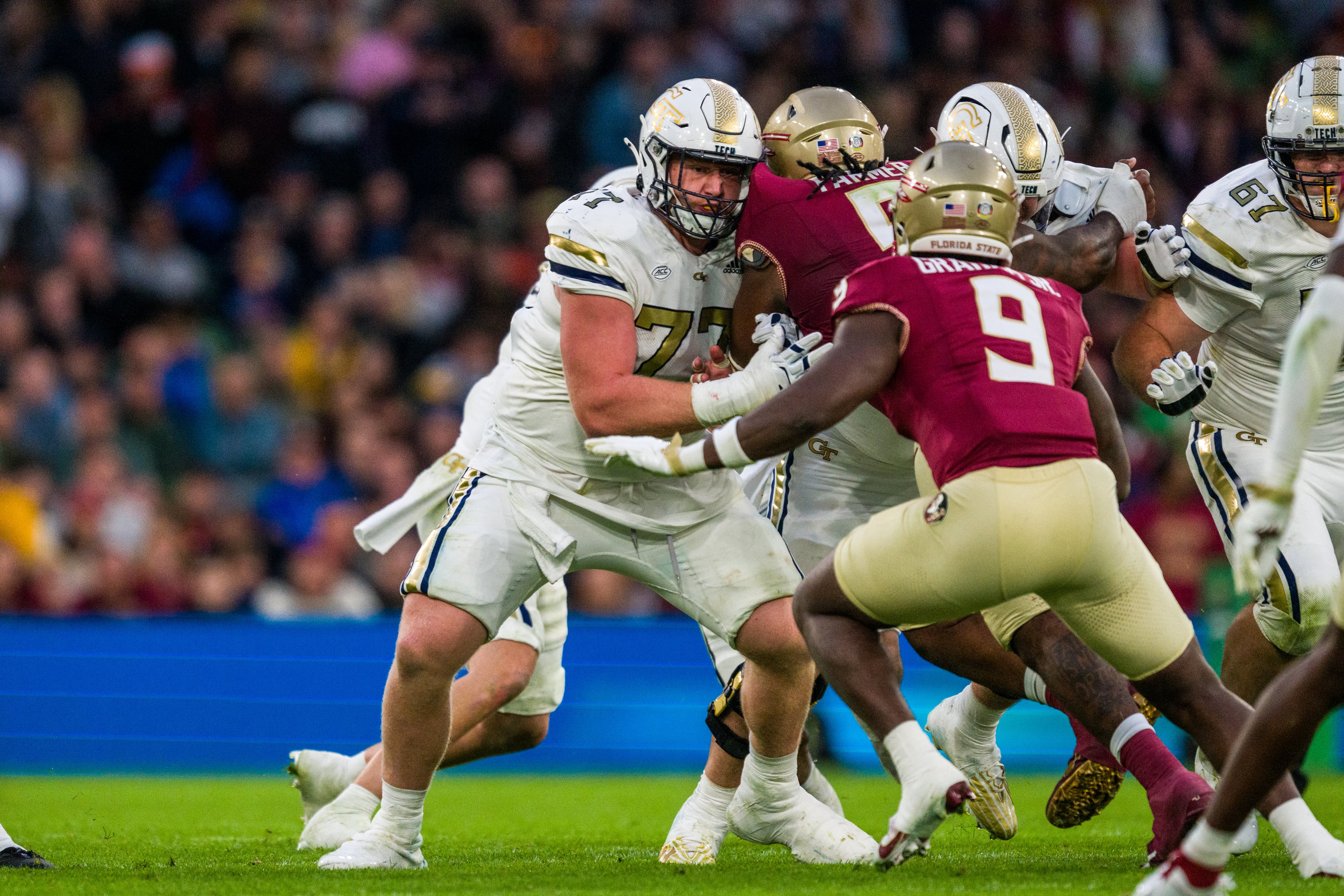 Georgia Tech offensive lineman Keylan Rutledge in action in a game against Florida State at Aviva Stadium in Dublin, Ireland. (Danny Karnik/Georgia Tech Athletics 2024)