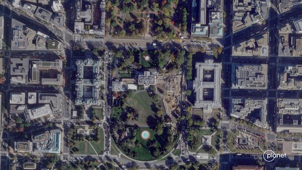 This satellite image from Planet Labs PBC shows demolition of the East Wing of the White House in Washington, Thursday, Oct. 23, 2025.