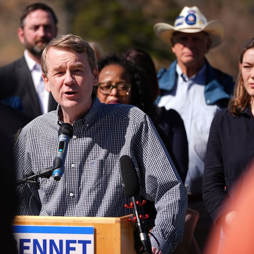 FILE - Sen. Michael Bennet, D-Colo., announces his plan to run for Colorado's governorship in the 2026 election at an event outside the Museum of Nature and Science, April 11, 2025, in Denver. (AP Photo/David Zalubowski, File)