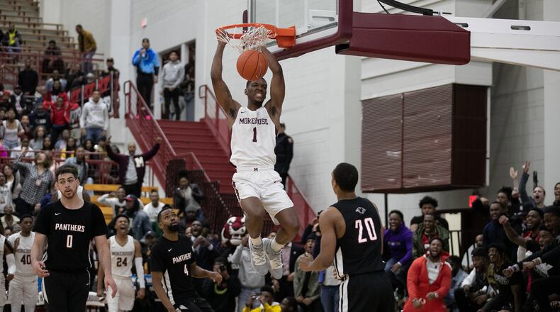 Morehouse guard Robert Andrews puts down a dunk in the Maroon Tigers' 67-62 win over Clark Atlanta January 25, 2020 at Morehouse. (Oscar Daniel)